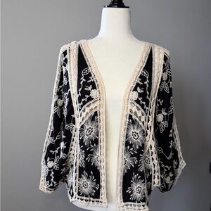 Black and Cream Floral Embroidered Kimono